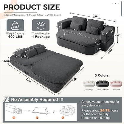 75" Boneless Couch Bed,Fold Up Sleeper Sofa for Adults, Memory Foam Floor Couch with 4 Pillows & Blanket, No Assembly Foldable Guest Bed for Apartment,Living Room