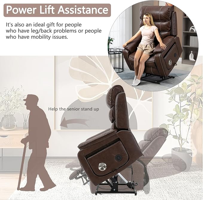 JIKFRIMA Power Lift Recliner Chair for Adults Elderly Senior | Lay flat Lift Recliner with Foldable Tray Table,Massage and Heating,Wireless Charging USB Ports,Faux Leather