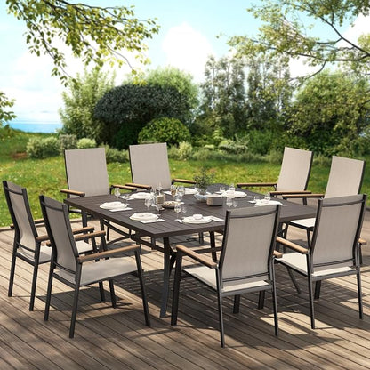 PHI VILLA 9 PCS Patio Dining Set, Aluminum Outdoor Furniture, Patio Table and Chairs for 8, Lightweight Stackable Chairs with Breathable Fabric and Large Square Metal Table for Garden Yard Deck, Beige