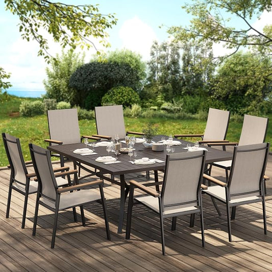 PHI VILLA 9 PCS Patio Dining Set, Aluminum Outdoor Furniture, Patio Table and Chairs for 8, Lightweight Stackable Chairs with Breathable Fabric and Large Square Metal Table for Garden Yard Deck, Beige