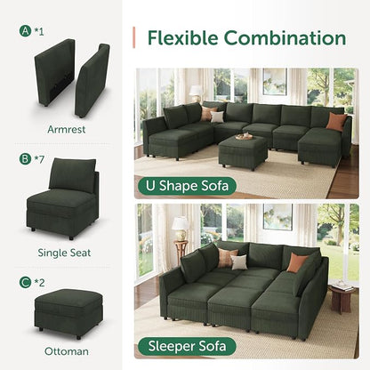 HONBAY Modular Sectional Sleeper Sofa with Storage, Modular Convertible Sectional Couch Bed Module Sleeper Couches for Living Room - Green