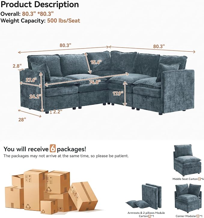 80" Blue Modular Storage Sofa, V Shaped Chenille Cloud Couch with Armrest | Oversized Convertible Sectional Sofa, 5-Seat Sectional Couch With Armrests, Large Cloud Couch For Living Room, Apartment.