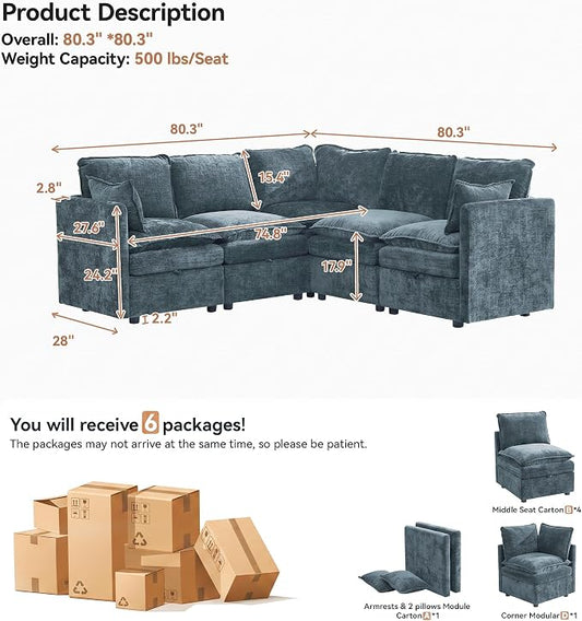 80" Blue Modular Storage Sofa, V Shaped Chenille Cloud Couch with Armrest | Oversized Convertible Sectional Sofa, 5-Seat Sectional Couch With Armrests, Large Cloud Couch For Living Room, Apartment.