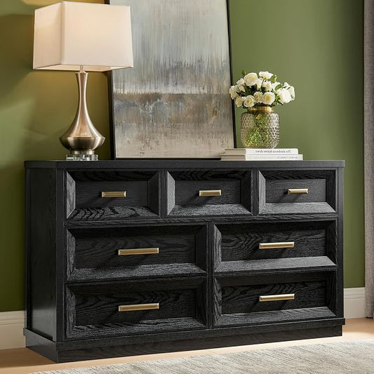 7 Drawer Dresser for Bedroom, 53.5" Wide Wooden Closet Organizers, Modern Oak Chest of Drawers with Metal Handle, Large Storage Dresser TV Stand for LivingRoom Office, Entryway (Black)