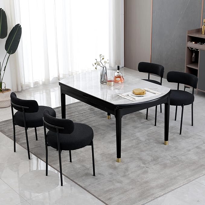 DYHOME Black Boucle Dining Chairs Set of 4, Modern Upholstered Dining Chairs with 4" Thick Cushion and Sturdy Metal Legs for Dining Room, Kitchen