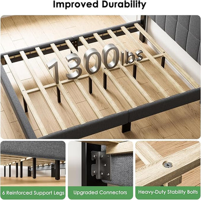 Marsail Queen Size Bed Frame, Sturdy and Durable with 12 Support Legs, 1300 lbs Capacity, Solid Wooden Upholstered Adjustable Headboard for 6"-12" Mattresses, Easy Assembly, Ideal Height, Dark Gray