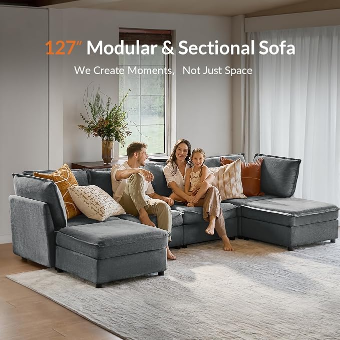 HULALA HOME 127'' Modular Sectional Sofa, Oversized U Shaped Couch with Storage Ottoman, Comfy Chenille Sofa with Deep Seat, 6 Seat Convertible Couches for Living Room, Grey