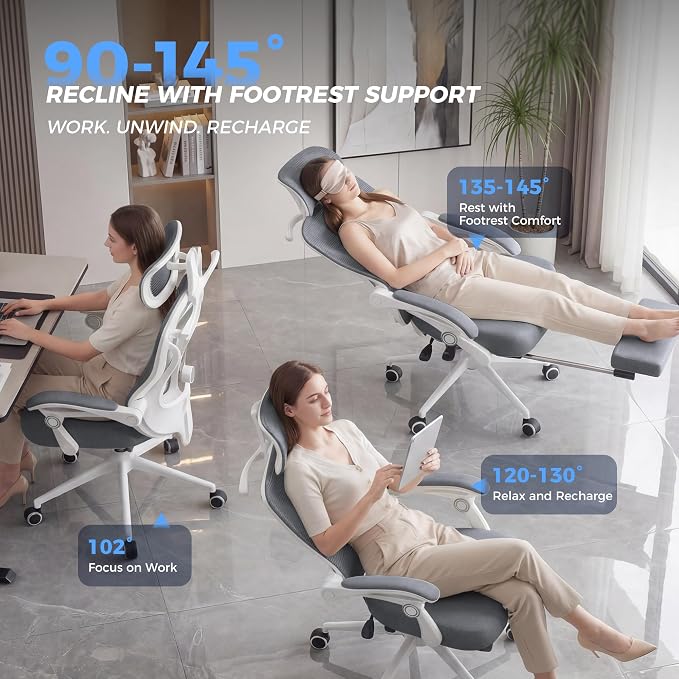 CYKOV Ergonomic Office Chair with Footrest - Adjustable Lumbar Support & Headrest, 90-135° Reclining Mesh Back Computer Chair - Home Office/Gaming, 350lbs Capacity