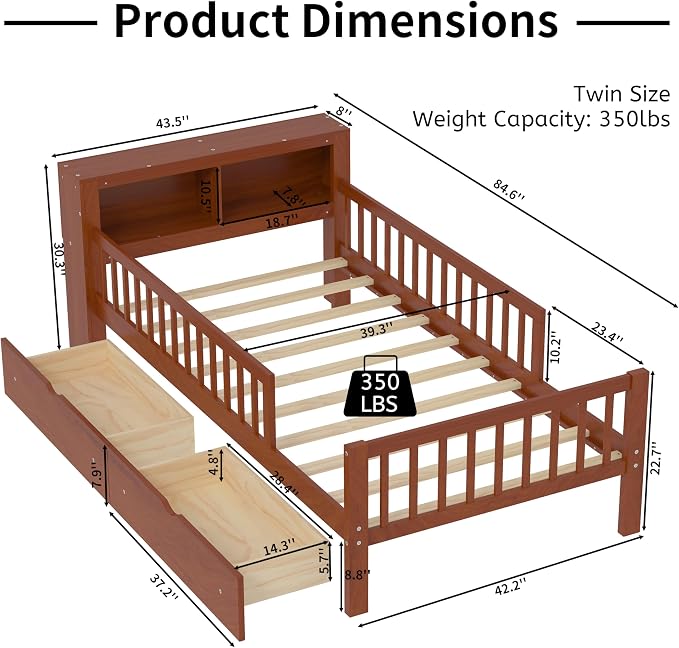 Kids Twin Size Bed Frame with Storage Drawers and Bookcase,Wood Twin Bed Frames for Kids,Twin Bed Frame with Headboard and Footboard for Boys Girls,No Box Spring Needed,Walnut