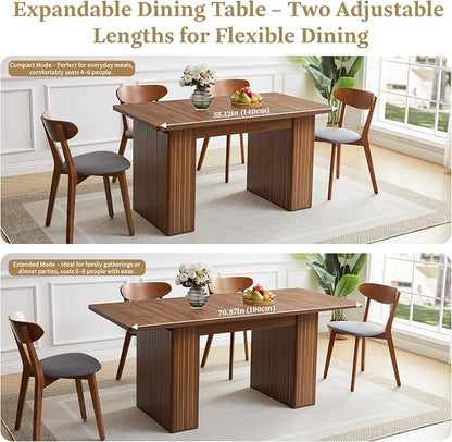 55 in–71 in Extendable Rectangular Dining Table for 4–6, Modern Farmhouse Expandable Kitchen Table with Carved Line Base, Wooden Dinner Table for Kitchen Living Room Home Office (Walnut)