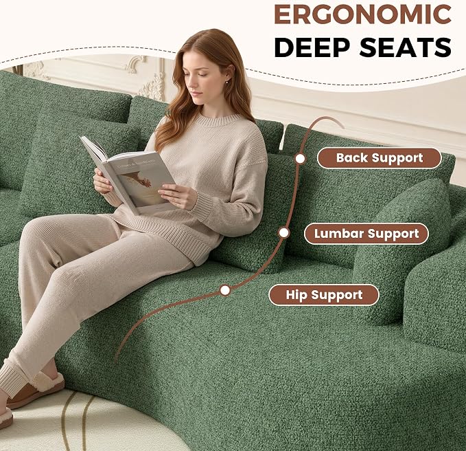 Luxanimarion 124" Curved Modular Sectional Sofa Oversized, L-Shape Boneless Couches for Living Room with Deep Seat and 7 Pillows, High-Density Memory Foam, Green Chenille Fabric, No Assembly Required