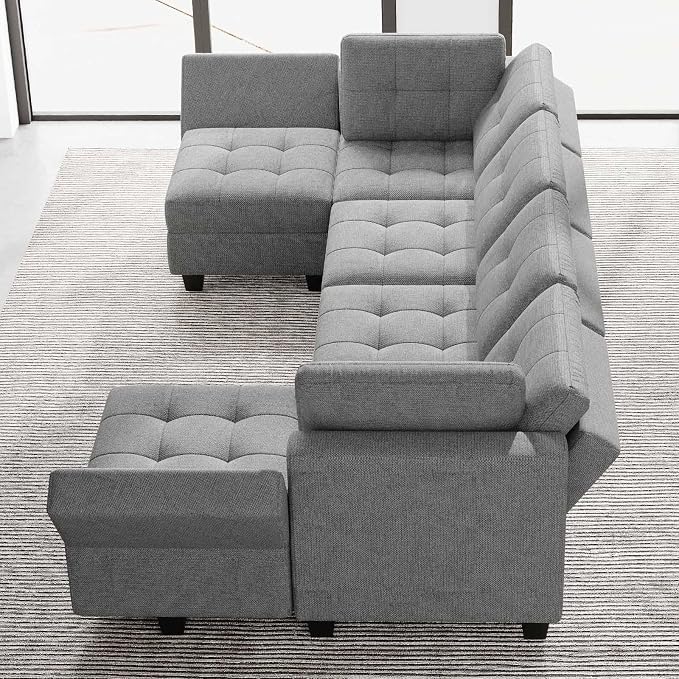 Belffin Modular U Shaped Sectional Sofa Couch with Reversible Chaises 6-seat Sectional Couch with Storage Seat Modular Sectional Set with Ottomans Light Grey