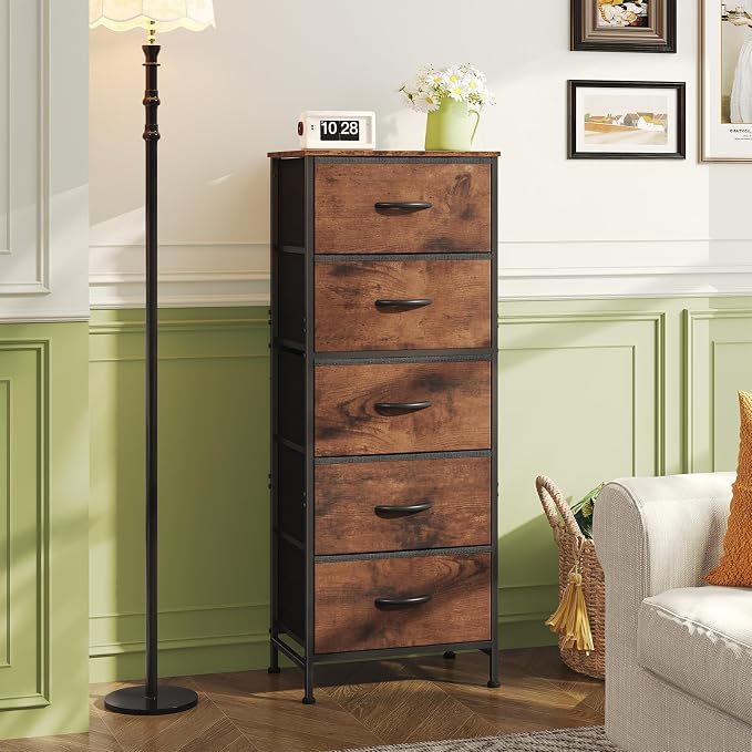 DUMOS Nightstand with 5 Drawers, Bedside Table with Removable Fabric Bins, Sturdy Steel Frame Wood Top Skinny Dresser for Bedroom Nursery Closet Living Room, Rustic Brown