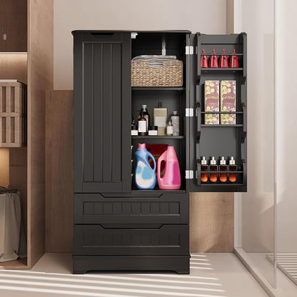 Gizoon Kitchen Pantry Cabinet with Drawers, 47" Small Food Pantry Storage Cabinet with 6 Door Shelves for Snack and Spice, Freestanding Craft Storage Cabinet for Craft Room, Black, Painted
