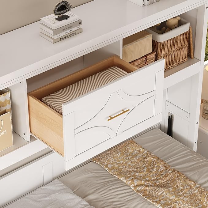 Merax Farmhouse Wood Murphy Bed Chest with Charging Station & Drawer | Storage Wall Bed with Wood Slat Support /No Box Spring Needed, Space Saving, Twin ,White