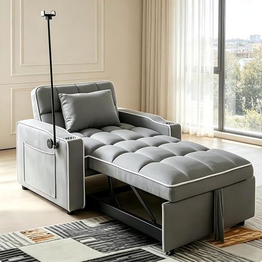 4 in 1 Sleeper Chair, Velvet Pull Out Chair Sleeper with Bracket and Cup Holder, Chairs Bed Sleepers with USB Port for Adults, Sofa Bed Chairs for Small Spaces, Living Room, Gray