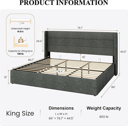 SHA CERLIN King Size Lift Up Storage Bed/Modern Wingback Headboard/Upholstered Platform Bed Frame/Hydraulic Storage/No Box Spring Needed/Wood Slats Support/Dark Grey