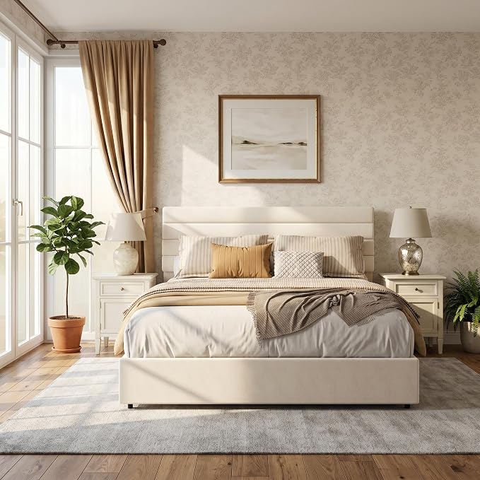 Garvee Queen Size Bed Frame, Velvet Upholstered Platform Storage Bed with 4 Drawers, Wooden Slats Support, No Box Spring Needed, Easy Assembly, Beige