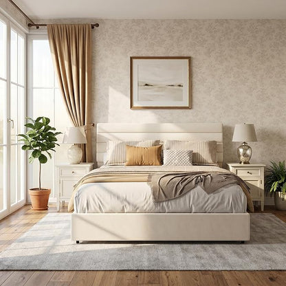 Garvee Full Size Bed Frame, Velvet Upholstered Platform Storage Bed with 4 Drawers, Wooden Slats Support, No Box Spring Needed, Easy Assembly, Beige