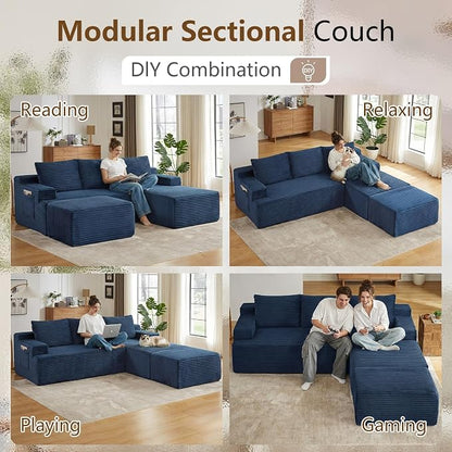 96" Cloud Sectional Couch U-Shaped Chaise with Ottoman, Corduroy Boneless Couch for Living Room Bedroom, Deep-Seat Upholstered Modular Cloud Sofa, No Assembly Required (Blue, Right Facing Chaise)