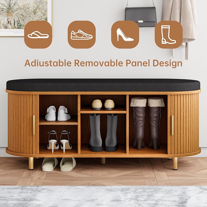 DHH 2-Tier Storage Bench,Wide Shoe Bench with Thickened Padded Seat Cushion, Mid Century Modern Fluted Sliding Door and Adjustable Shelf, for Entryway, Living Room, Bedroom (Yellow Walnut, 43.3“)