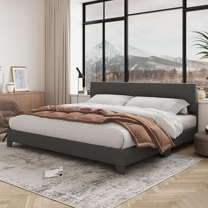 Allewie King Size Bed Frame with Adjustable Headboard, Upholstered Platform Bed with Wood Slats, Heavy Duty Mattress Foundation, No Box Spring Needed, Noise-Free, Easy Assembly, Dark Grey