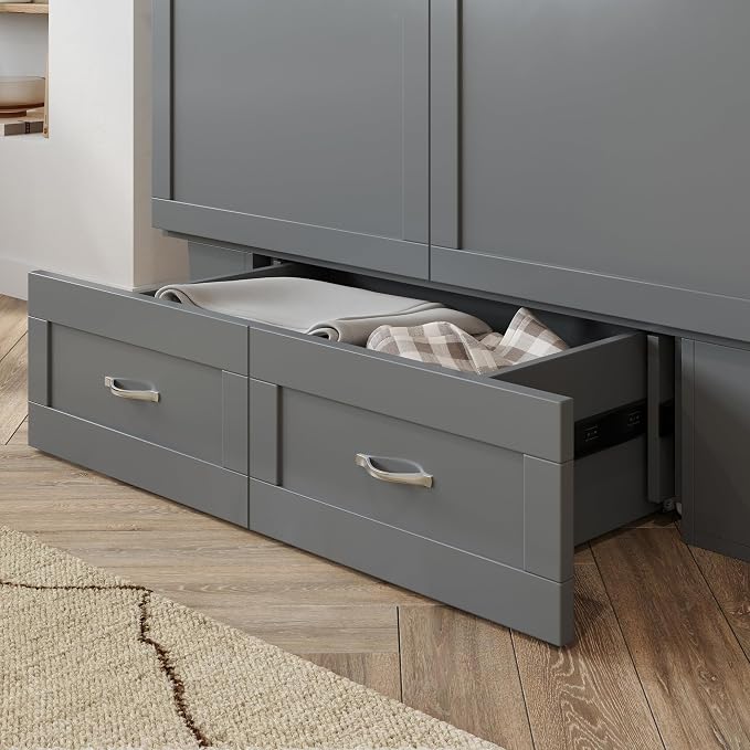 AFI, Monroe Full Murphy Bed Chest with 6" Mattress, Storage Drawer & Built-in USB Charger, Grey