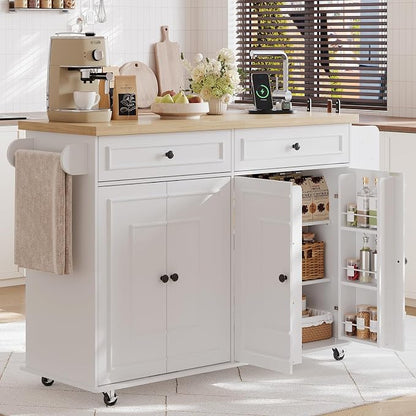 58 Inch Kitchen Island with Storage Cabinet, Island Table for Kitchen, Rolling Islands Cart with Power Outlet, Adjustable Shelves, Drawers, Spice and Towel & Knife Racks, White