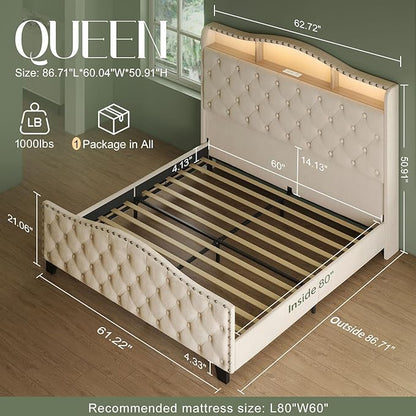 Belffin Queen Size Bed Frame and Headboard, 50.9" Velvet Upholstered Wingback Bedframe with LED Lights & Storage/Charging Station, Button Tufted Tall Footboard, No Box Spring Needed, Noise-Free, Beige