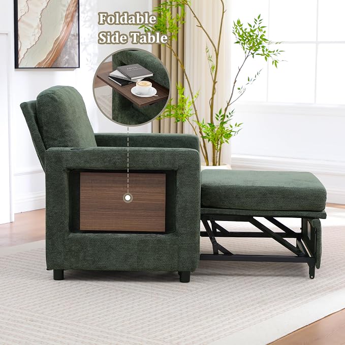 3 in 1 Folding Convertible Sleeper Sofa Bed Pull Out Couch with Side Pockets USB Port Side Table Single Sofa Bed with Adjustable Backrest for Living Room Bedroom 66" DarkGreen 1 SEAT