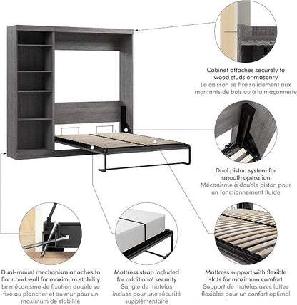 Bestar Pur Full Murphy Bed with Shelving Unit, 84-inch Space-Saving Wall Bed for Multipurpose Room