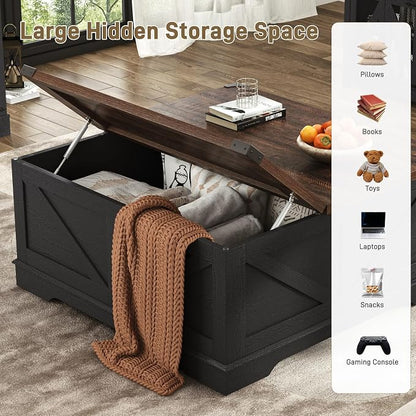 Hlivelood 40” Large Farmhouse Lift Top Coffee Table with Power Outlets and Large Hidden Storage, Square Wood Living Room Tables, Multi-Function Lift Wooden Barn Door Center Table, Black