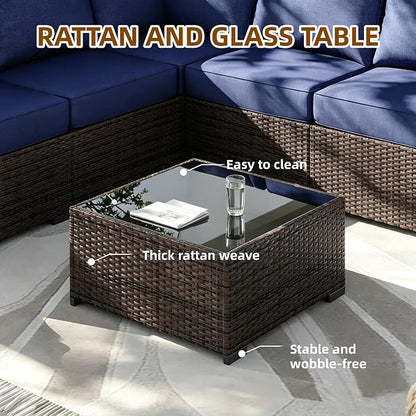 MOCHITO 5 Pieces Outdoor Patio Furniture Sets, All-Weather Sectional Sofa Dark Brown PE Rattan Wicker Conversation Set with Glass Table and Washable Blue Cushions for Backyard,Sunroom,Garden,Porch