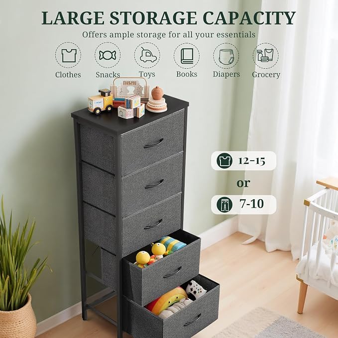 5 Drawers Dresser for Bedroom, Fabric Storage Tower Organizer with Wooden Top and Steel Frame, Tall Chest of Drawers for Closet, Entryway, Dorm, Gray