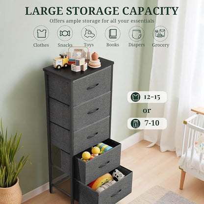 5 Drawers Dresser for Bedroom, Fabric Storage Tower Organizer with Wooden Top and Steel Frame, Tall Chest of Drawers for Closet, Entryway, Dorm, Gray