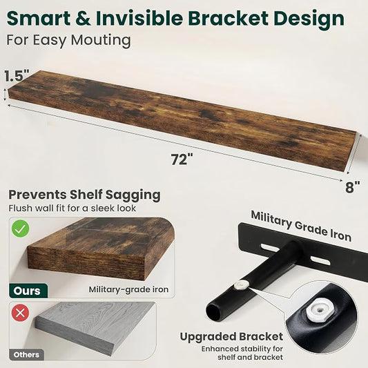 Floating Shelves for Wall, 72 Inch x 8 Inch Deep Wall Mounted Wood Shelf with Invisible Brackets for Storage & Display, Living Room Bedroom Kitchen, Rustic Brown, Set of 2