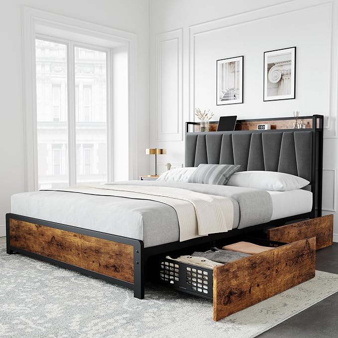 GAOMON Full Size Bed Frame with 4 Storage Drawers and Linen Upholstered Headboard, Full Platform Bed Frame with Charging Station, No Box Spring Needed, Easy Assembly, Vintage Brown