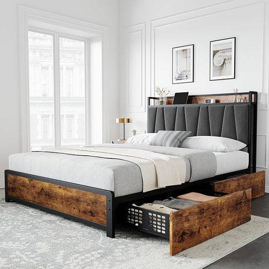 GAOMON Full Size Bed Frame with 4 Storage Drawers and Linen Upholstered Headboard, Full Platform Bed Frame with Charging Station, No Box Spring Needed, Easy Assembly, Vintage Brown