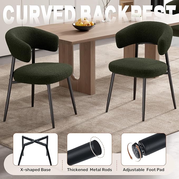Dining Chairs Set of 2, Mid Century Modern Kitchen Chairs, Boucle Upholstered Dining Chair with Curved Backrest & Metal Legs for Kitchen Dining Room, Green