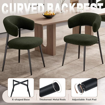 Dining Chairs Set of 4, Mid Century Modern Kitchen Chairs, Boucle Upholstered Dining Chair with Curved Backrest & Metal Legs for Kitchen Dining Room, Green