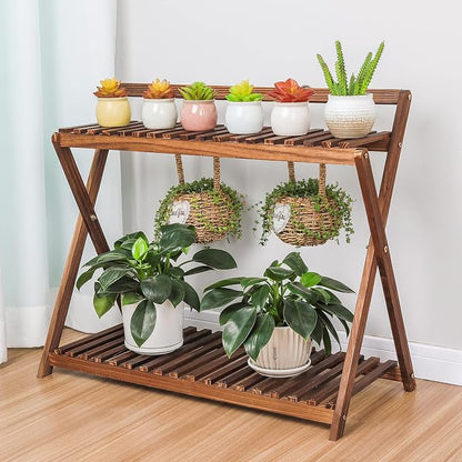 Indoor Plant Stand for Multiple Plants 2 Tier Wood Plant Shelf with Hanging | Outdoor Flower Pot Stand Holder with Planter Hanger for Yard Patio Garden Balcony Porch Living Room Corner ( Rustic X-Cross)