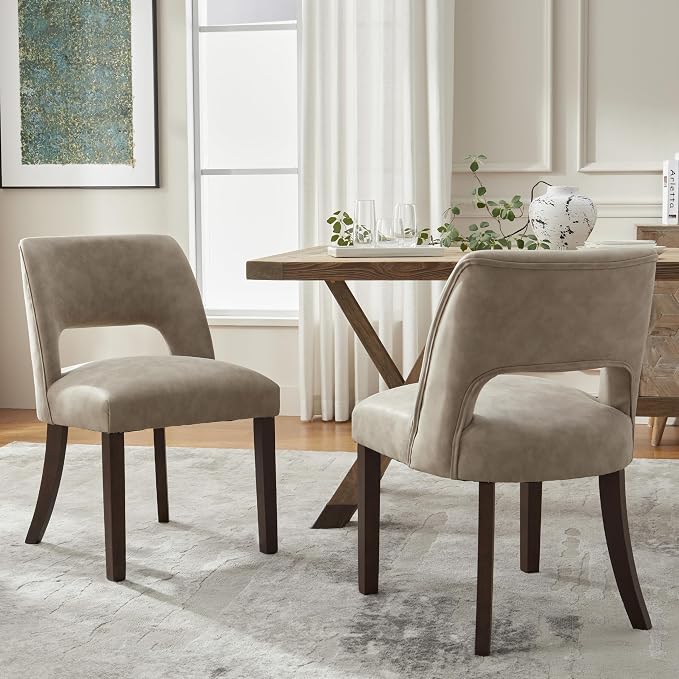 VKNOW Modern Dining Chairs Set of 6 with Rubberwood Legs, Taupe | Faux Leather, Curved Back, For family, Kitchen Dining RoomRestaurant Reception Room, No wobble, 80% pre-installed