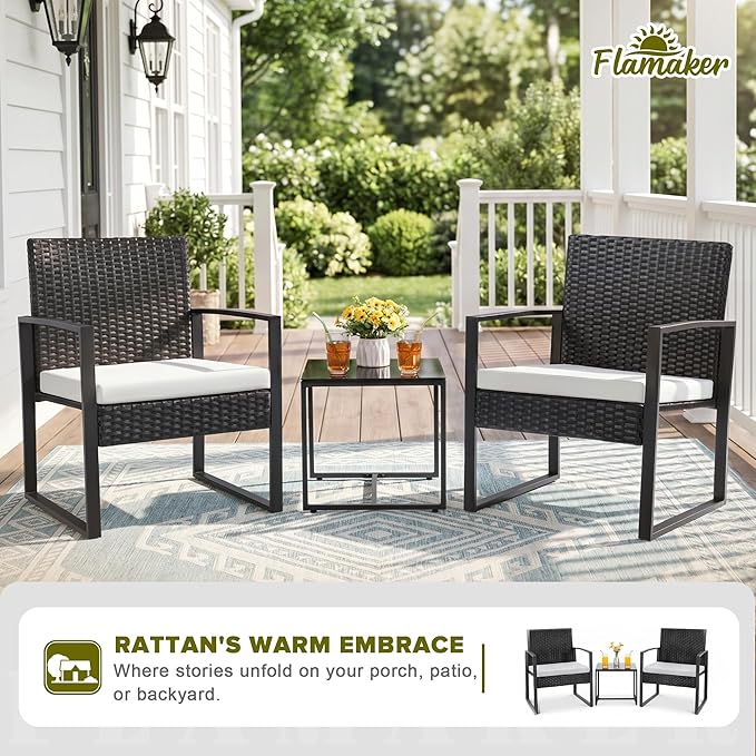 Flamaker 3 Pieces Patio Furniture Outdoor Wicker Modern Rattan Chair Conversation Sets with Coffee Table for Yard, Bistro(White)