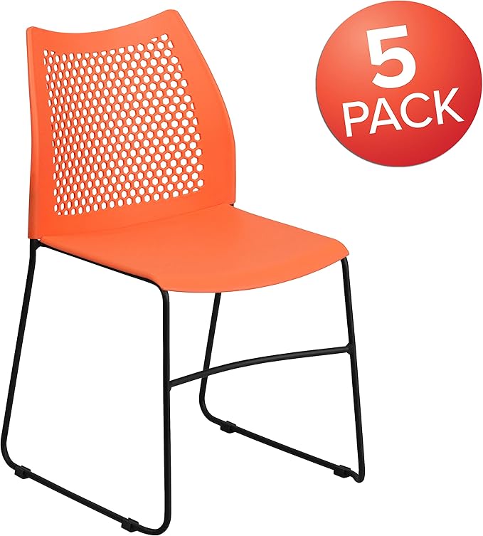 Flash Furniture Hercules Series Contoured Lobby Chairs with Air-Vent Honeycomb Backs, Ergonomic Stacking Chairs for Offices, Set of 5, Orange