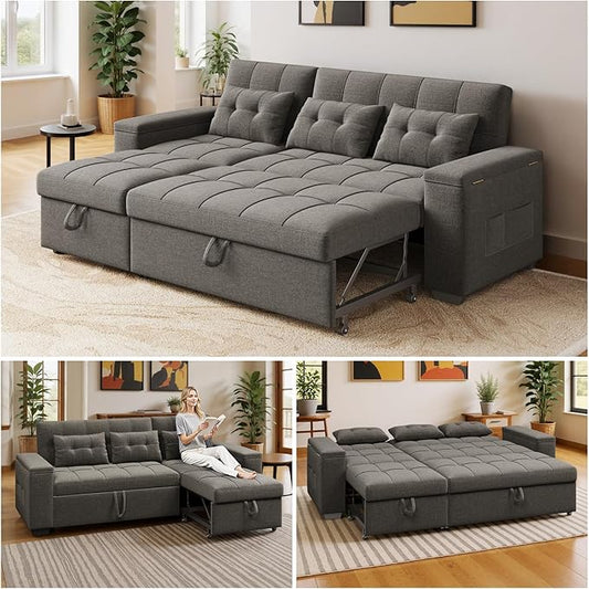 Ahomly 87" Convertible Sofa Bed – Space-Saving Sleeper with Pull-Out Design, Adjustable Backrest, Wide Armrests with Storage, Plush Cushions, Cozy for Small Spaces (Dark Grey)