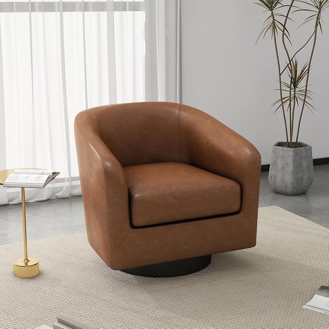 Faux Leather Swivel Barrel Accent Chair, Upholstered Armchair Club Chair for Living Room, Round Arm Chair Bedroom Single Sofa Reading Seat - Brown