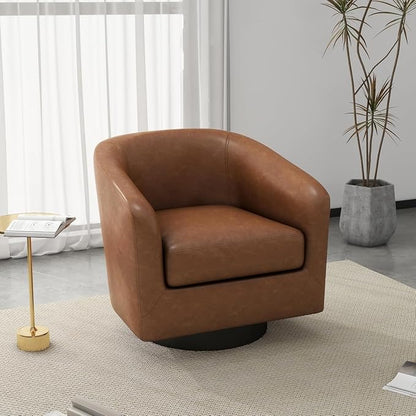Faux Leather Swivel Barrel Accent Chair, Upholstered Armchair Club Chair for Living Room, Round Arm Chair Bedroom Single Sofa Reading Seat - Brown