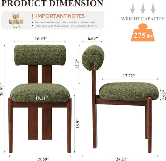 MALOL Modern Wooden Dining Chairs Set of 6, Upholstered Fabric Kitchen Chairs with Sculptural Backrest, Mid-Century Farmhouse Dining Room Chairs with Solid Wood Legs, Green
