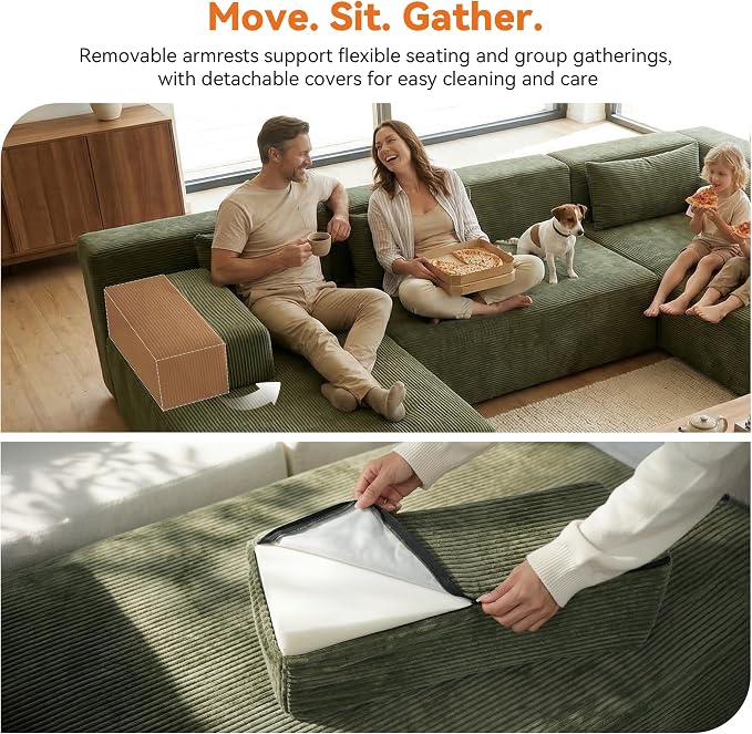 MONVANE 141" U Shaped Cloud Sectional Couch with Chaise Lounge, Modular Sectional Sofa with Removable Armrests, Comfy Corduroy Boneless Couches for Living Room, No Assembly Required, Green