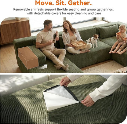 MONVANE 141" U Shaped Cloud Sectional Couch with Chaise Lounge, Modular Sectional Sofa with Removable Armrests, Comfy Corduroy Boneless Couches for Living Room, No Assembly Required, Green